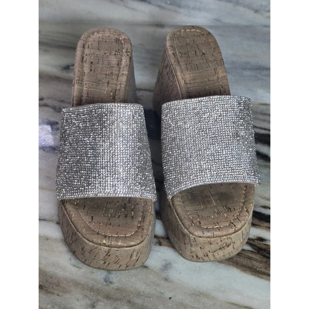 Madden Girl Zahara-R Silver Rhinestone Cork Platform Wedge Sandals‎ 8M